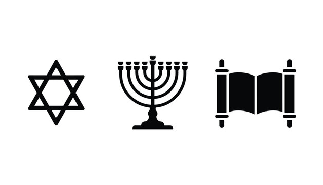 Traditional jewish religious symbols featuring the star of david, sacred menorah candelabrum, and open torah scroll.