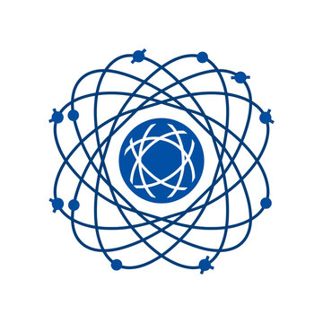 Blue abstract atom orbital science logo design.