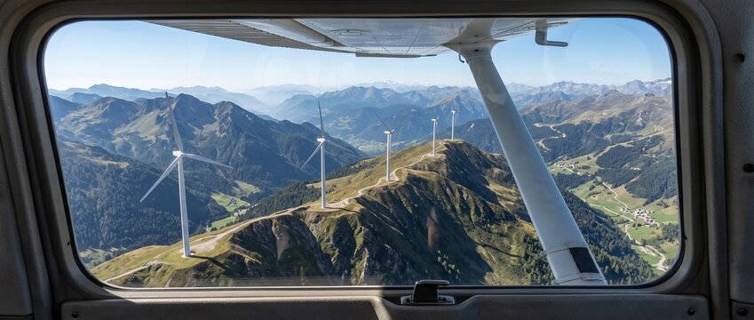 Wind Farm Over Mountain Landscape: An aerial view from a plane window reveals a sprawling wind farm atop a majestic mountain range.