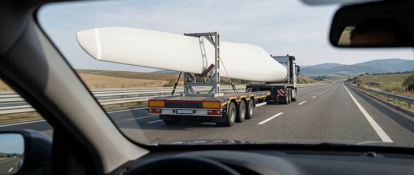 Wind Turbine Blade Transport: A colossal wind turbine blade is meticulously transported on a flatbed truck along a scenic highway, showcasing the scale of renewable energy infrastructure.
