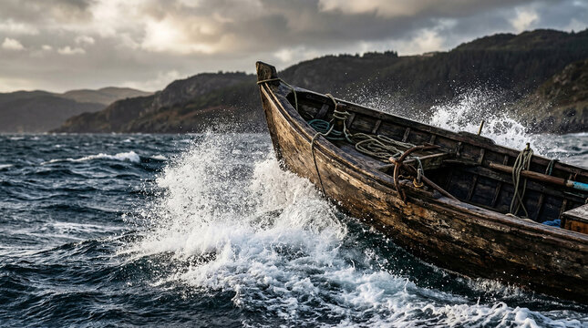 Wooden boat crashing through powerful white waves in dark ocean perfect for dramatic maritime themes and extreme sea adventures