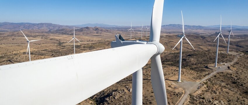 Wind Turbine Landscape: A sweeping view of a wind farm nestled in a dry, mountainous terrain under a clear blue sky, highlighting renewable energy technology and expansive natural surroundings.