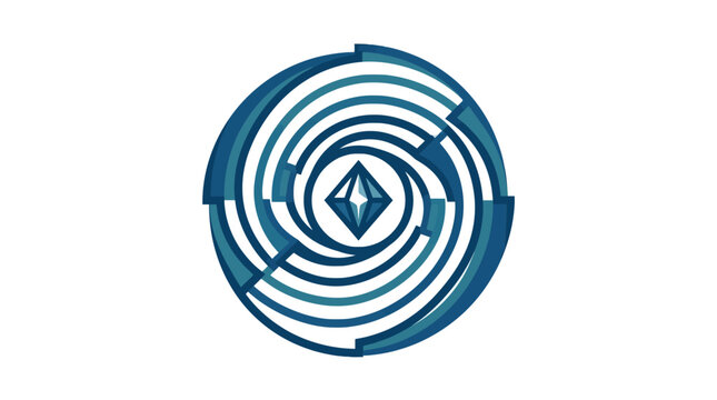 Blue circular vortex logo with crystal.
