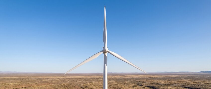 Wind Turbine in the Desert: A solitary wind turbine stands tall against a vast, clear blue sky in a arid desert landscape, symbolizing renewable energy and sustainable power generation.