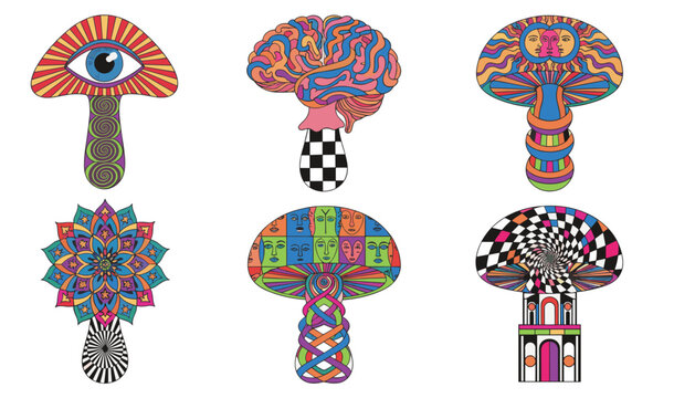 Set of psychedelic magic mushrooms decorated with trippy patterns, mystical eyes, faces, and mandala designs.