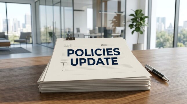Policies Update Concept with Business Documents Representing Corporate Compliance Workplace Rules Administration Management and Organizational Change