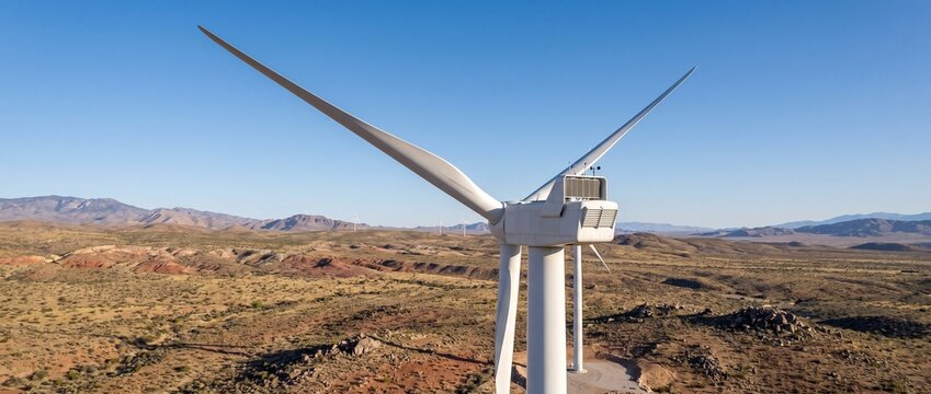 Wind Turbine in Arid Landscape: A solitary wind turbine stands tall against a clear blue sky, its massive blades poised to harness the power of the wind in a vast, arid landscape.