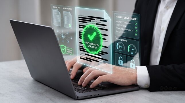 data redaction and document anonymization. pii detection and privacy compliance automation. secure information governance. professional typing on laptop with document security overlay.

