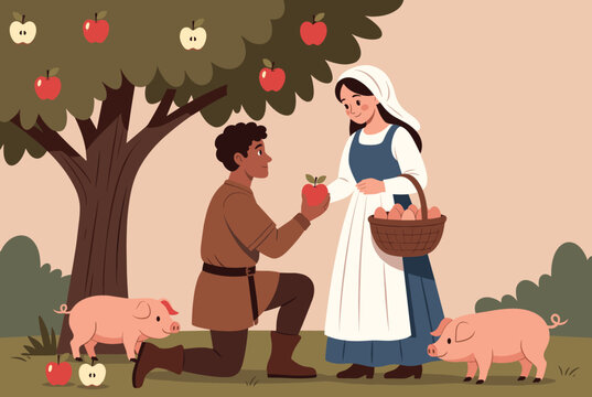 Romantic medieval scene of a young peasant kneeling to present a red apple to a peasant girl carrying a basket.
