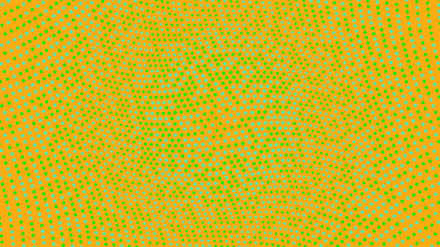 Radial halftone dot pattern in neon green and cyan on orange background