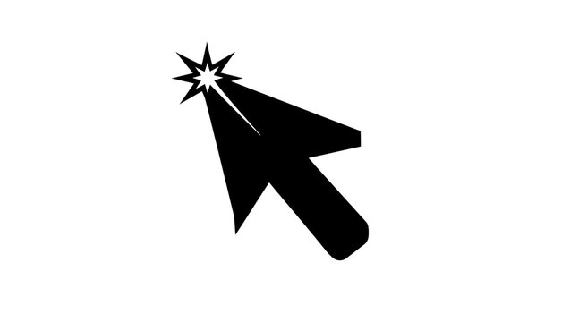 Black computer mouse cursor with starburst effect, isolated on transparent background