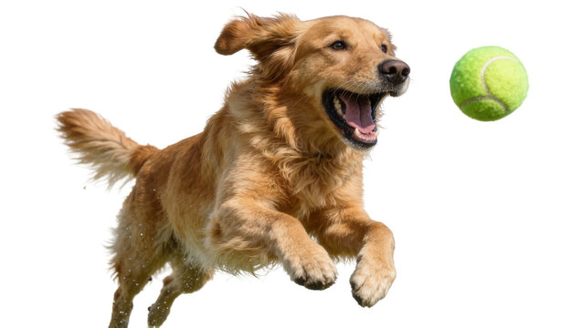 Golden Retriever dog leaping to catch a bright green tennis ball, isolated on transparent background