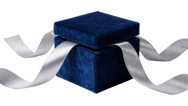 Open velvet blue gift box with silver ribbon, isolated on transparent background