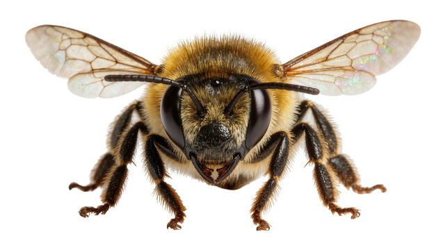 Detailed macro view of a fuzzy bee with translucent wings, isolated on transparent background