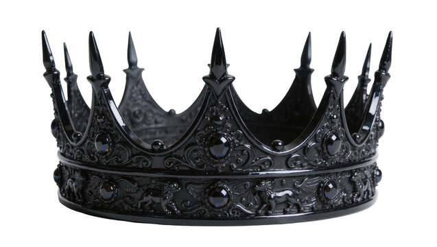 Ornate black crown with detailed mythical creatures and dark gemstones, isolated on transparent background