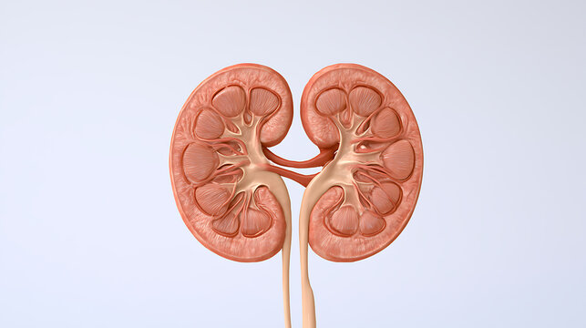 Detailed anatomical cross-section view of human kidneys, showcasing internal structure, renal pelvis, cortex, and medulla in 3D render