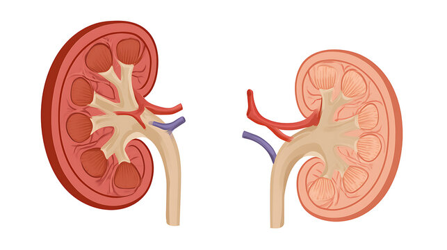 Detailed anatomical illustration of human kidney cross section showing internal structures like renal pelvis cortex medulla for medical study