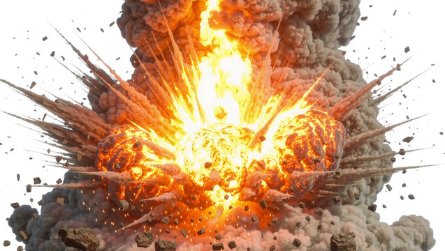 Massive fiery explosion with debris and smoke, isolated on transparent background