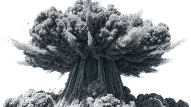 Massive grey mushroom cloud explosion, isolated on transparent background