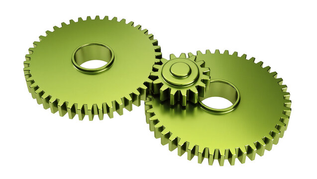 Three metallic green gears interlocking, isolated on transparent background
