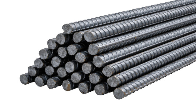 Bundle of ribbed steel rebar rods, isolated on transparent background