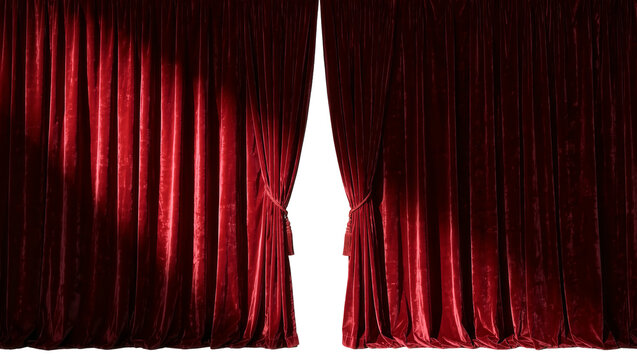 Rich red velvet theater curtains parted with tassels, isolated on transparent background