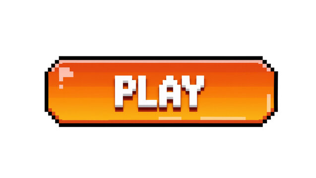 Pixelated orange button with white PLAY text, isolated on transparent background