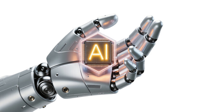 Metallic robot hand holding glowing AI chip, isolated on transparent background