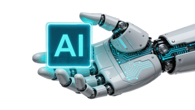Robotic hand holding glowing blue AI square, isolated on transparent background