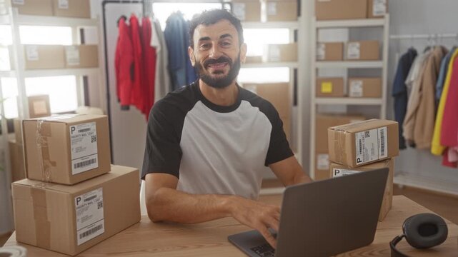 Man with beard gives thumbs up beside laptop while typing amid stacked packages and shelving in a studio; optimism success growth.