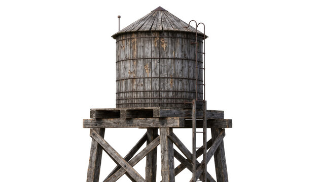 Rustic wooden water tower with metal bands and ladder, isolated on transparent background