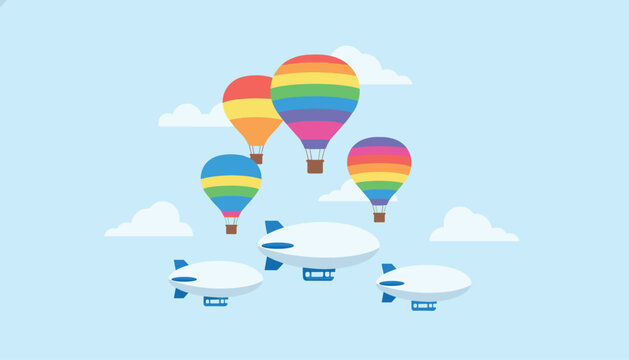 Colorful hot air balloons and futuristic white blimps floating peacefully among the clouds in a soft blue sky.