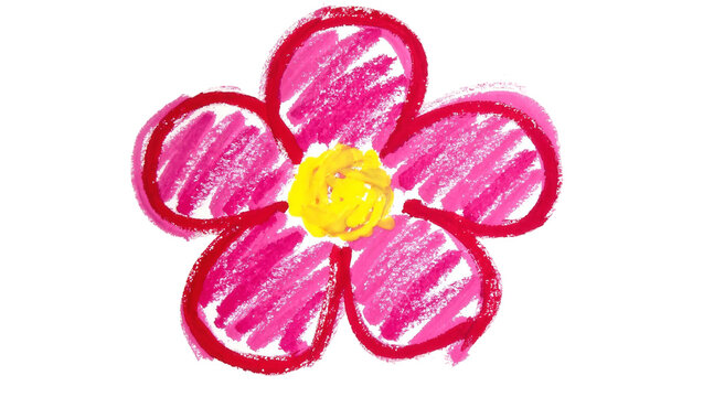 Childlike drawing of a pink flower with a yellow center, isolated on transparent background