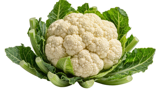 Fresh white cauliflower head with vibrant green leaves, isolated on transparent background