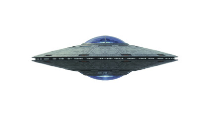 Detailed metallic flying saucer with blue dome and lights, isolated on transparent background © Miguel