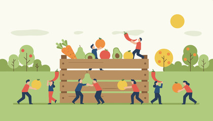 Fototapeta premium Little people harvesting fresh fruits and vegetables around a giant wooden crate on a sunny day in an open park.
