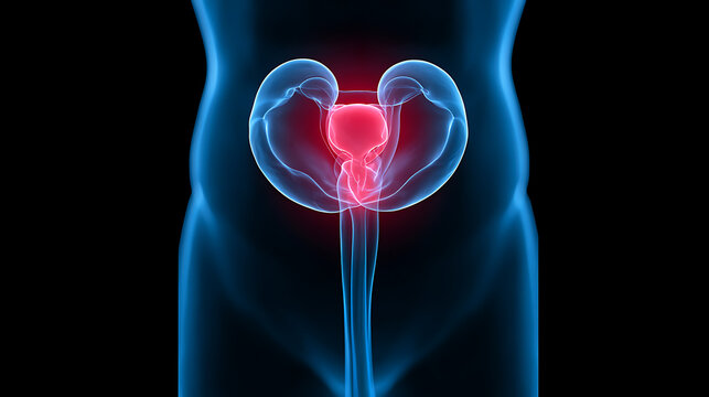 A 3D medical illustration showing male urinary system anatomy with highlighted bladder and prostate in a human body on dark background