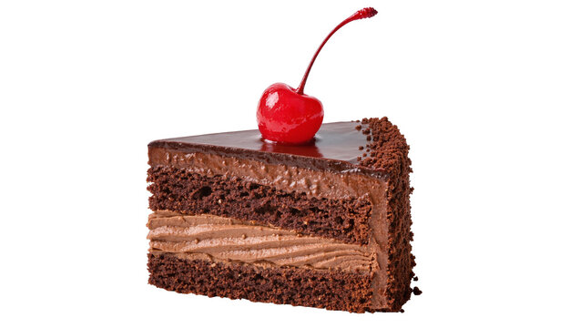 Rich chocolate cake slice with glossy ganache and cherry, isolated on transparent background