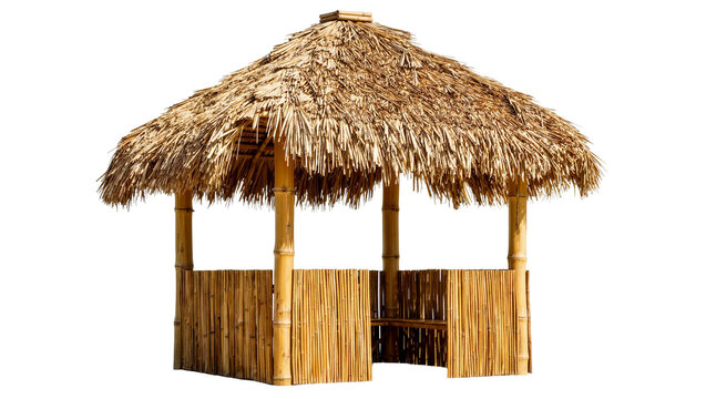 Natural bamboo tiki hut with thatched roof, isolated on transparent background