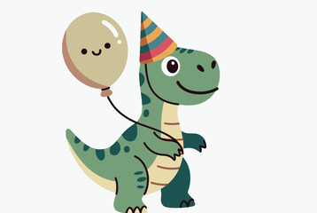 Fototapeta premium Adorable green cartoon dinosaur wearing a colorful striped party hat while holding a smiling beige balloon on a plain background.