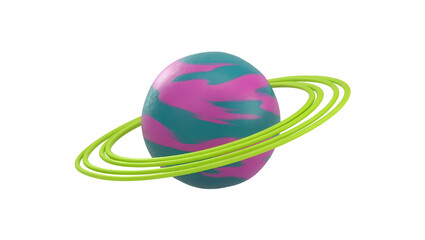 Swirling teal and pink planet with three bright green rings, isolated on transparent background © Miguel
