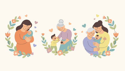 Fototapeta premium Lovely collection of mothers and grandmothers embracing their sweet children decorated with beautiful floral wreaths.