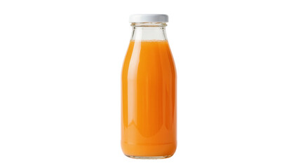 Clear glass bottle filled with vibrant orange juice sealed with a white cap, isolated on transparent background © Miguel