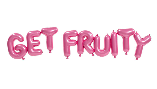 Pink metallic letter balloons spelling GET FRUITY, isolated on transparent background