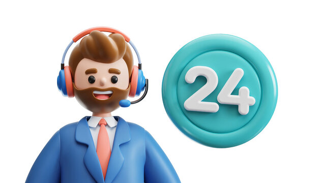 Friendly cartoon man with headset and tie next to 24 hour service icon, isolated on transparent background