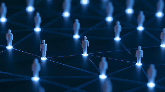 Digital network concept featuring glowing human figures connected by lines on a dark background representing global communication and teamwork