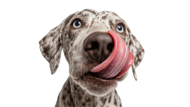 German Shorthaired Pointer dog with blue eyes licking its nose, isolated on transparent background