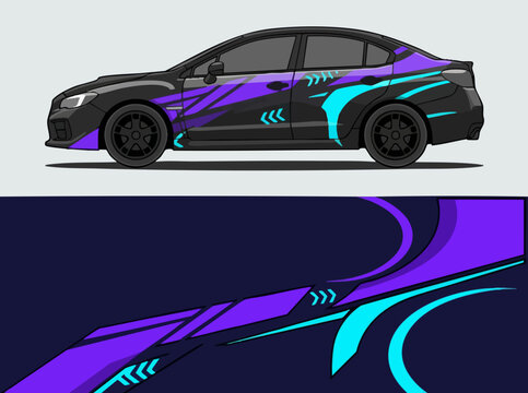Black car with purple and cyan racing decals side view