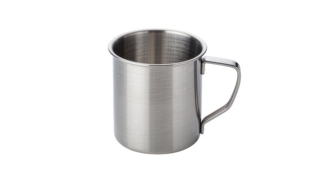 Brushed stainless steel camping mug with a simple handle, isolated on transparent background