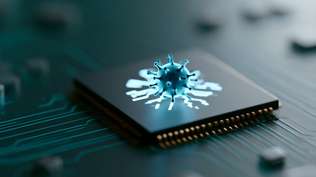 Digital virus cell malware infection concept on a computer microchip processor board, cyber attack and tech security abstract theme view
